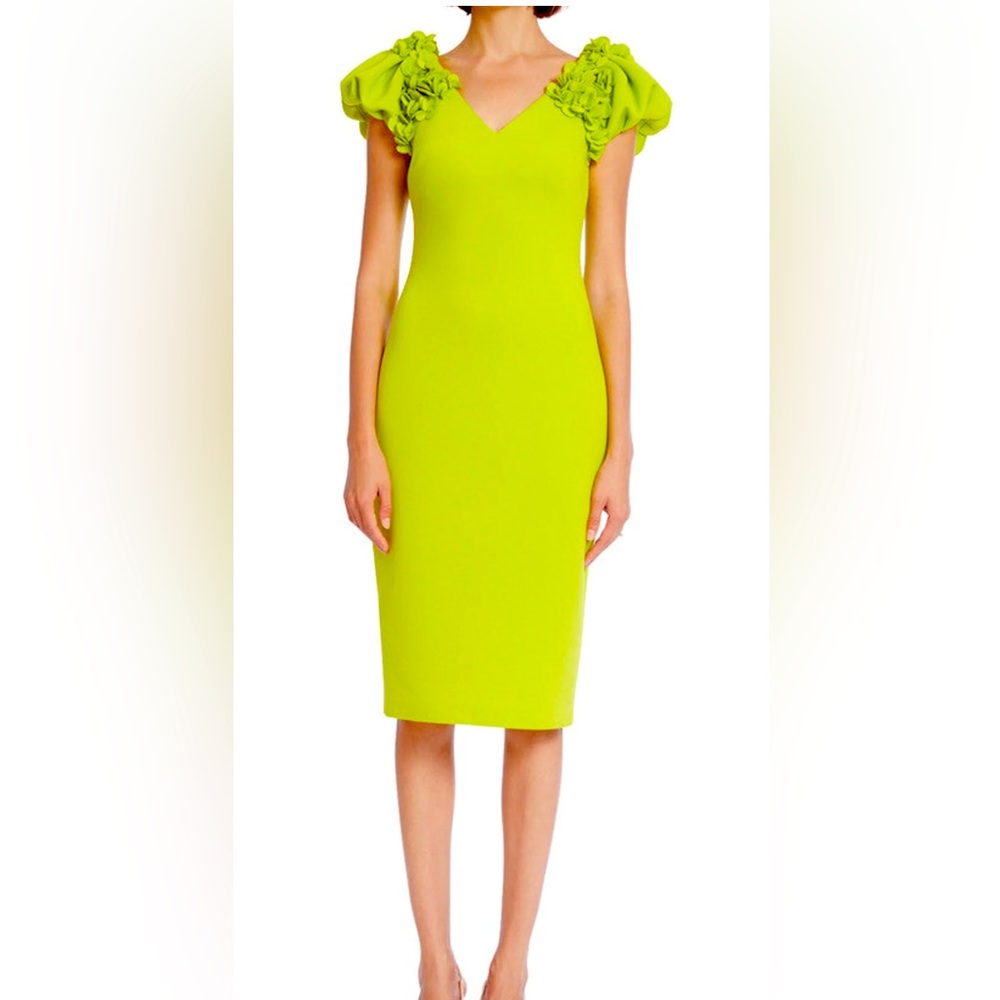 ISO Badgley Mischka Lime Green Floral Puff Sleeve Scuba Dress.  Size 12 or 14.